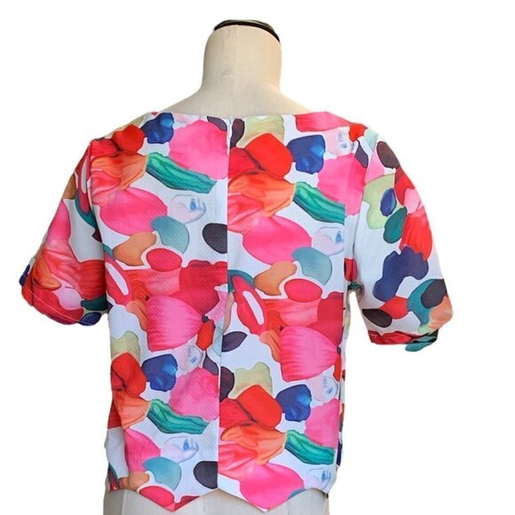 Shein Bright Floral Watercolors Crop Top Sz L Scalloped Hem 256F - Picture 3 of 8
